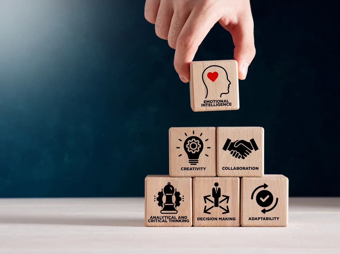 building blocks with aspects of a good business person, with a block representing soft skills at the top