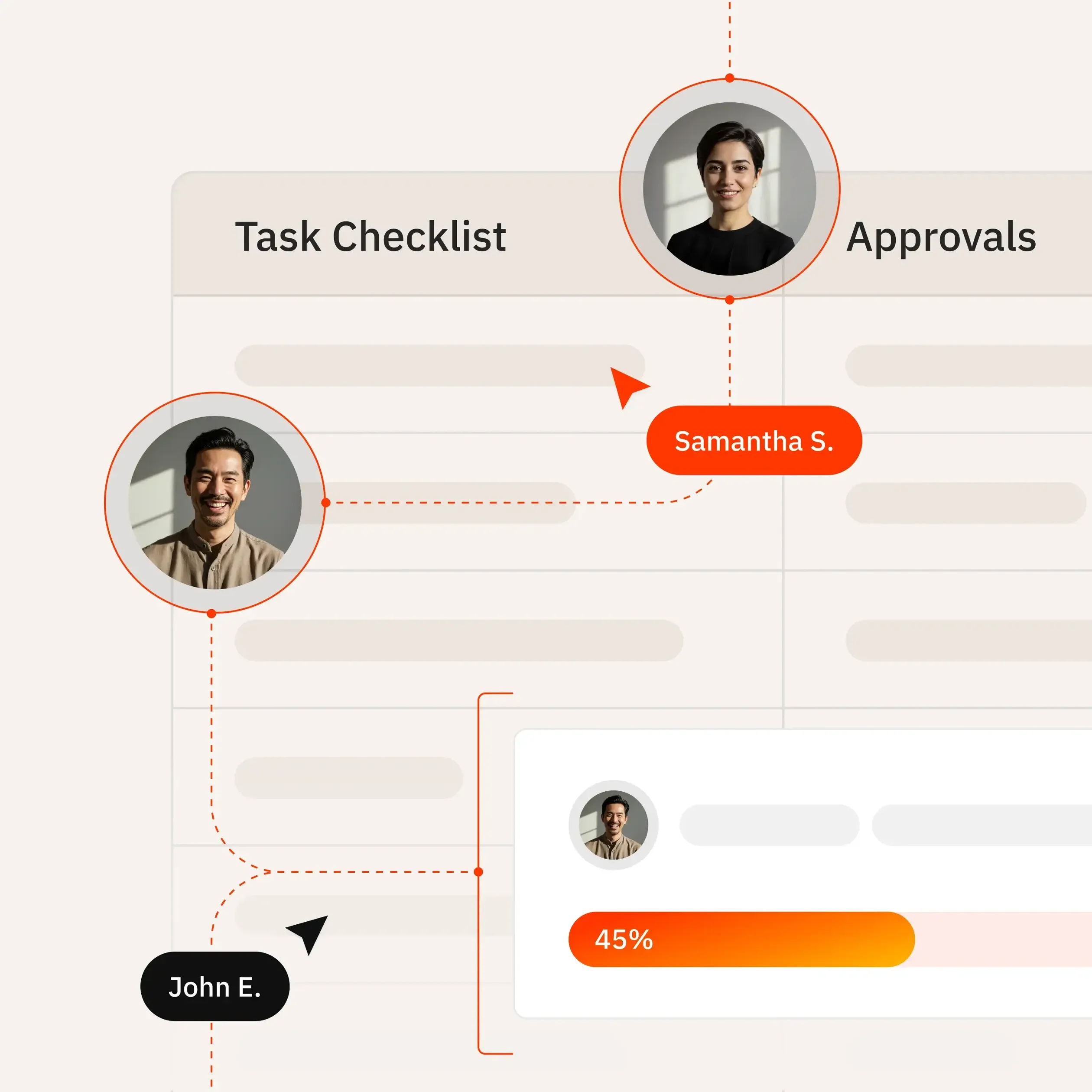 Illustration of ShareDo interface with two user avatars simultaneously editing a shared document, showing live cursor movements and real-time comment notifications.