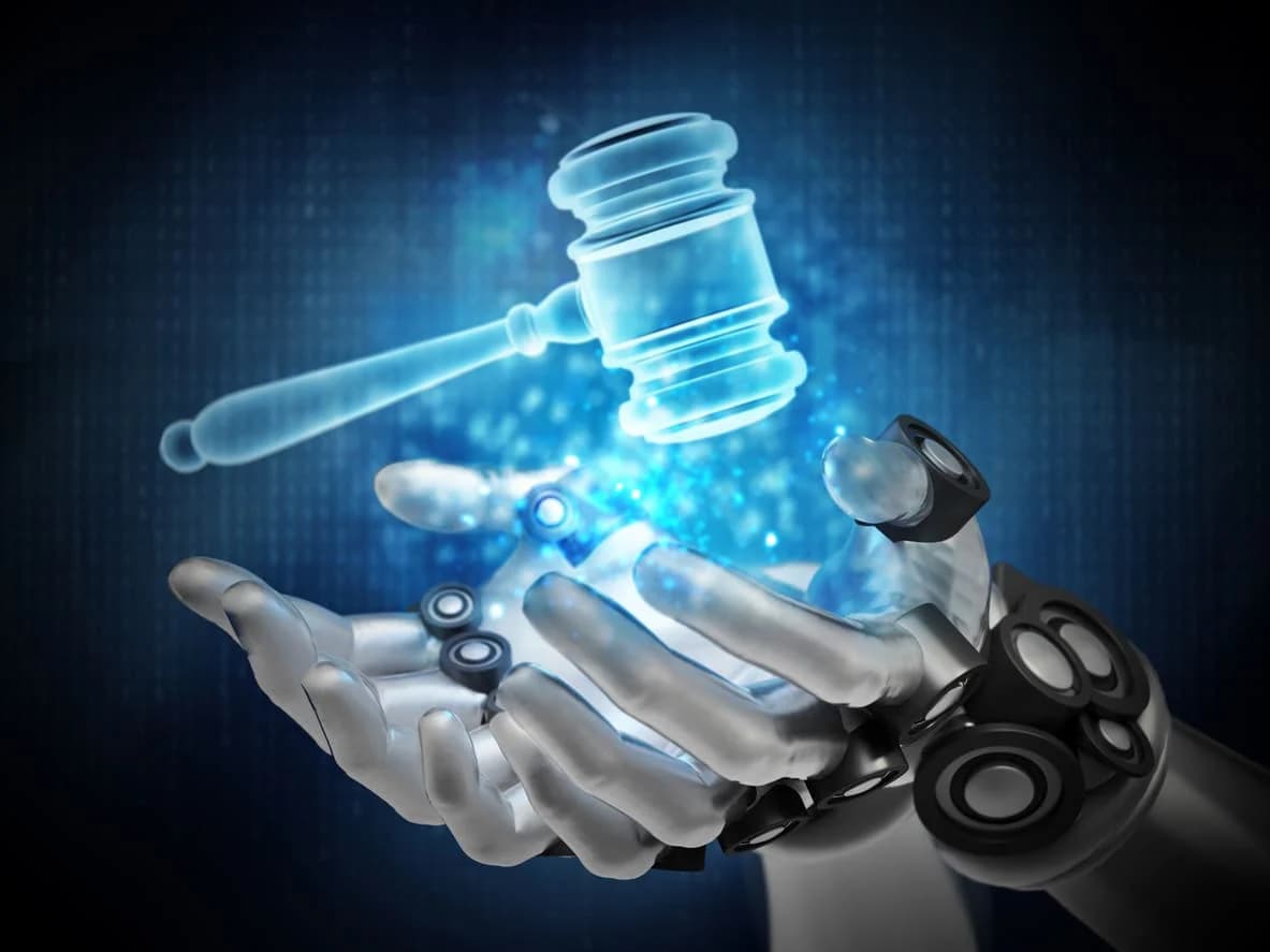 AI hand holding a gavel as part of the legal digital transformation.