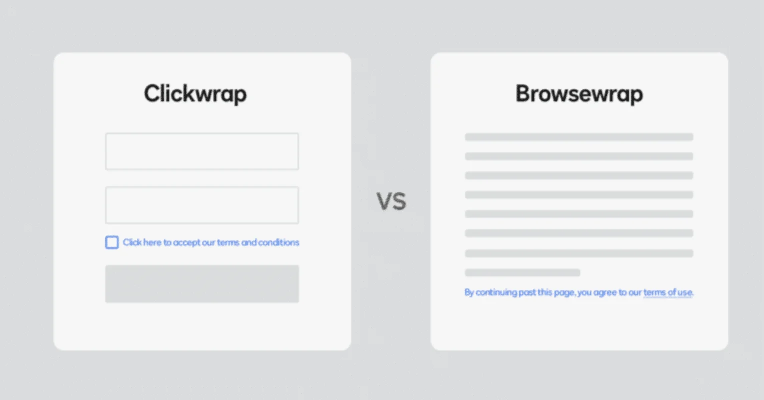 An image illustrating clickwrap agreement vs. browsewrap agreements